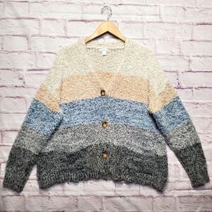 John Paul Richard Cardigan Sweater Womens Large Blue Gray Stripe Pockets Soft
